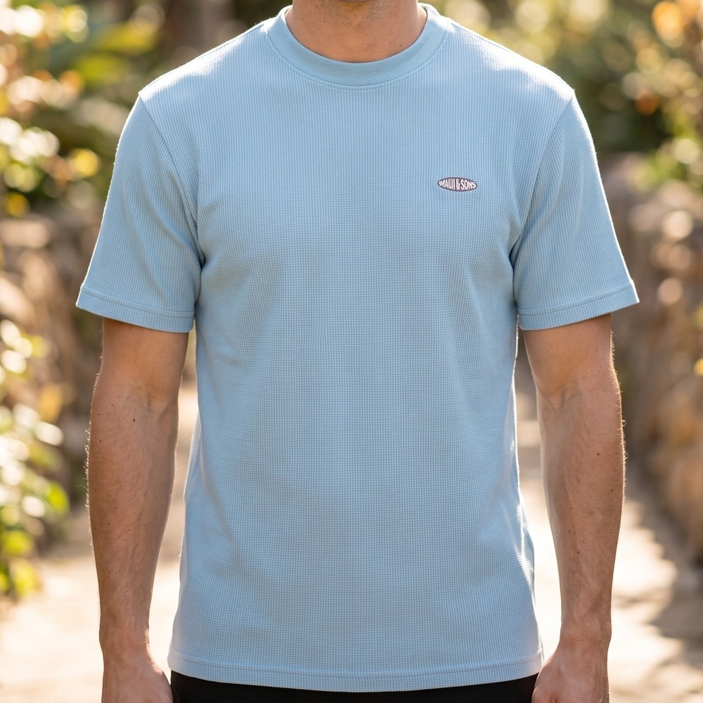 Maui and Sons Mens‎ Waffle Knit T-Shirt Light Blue Short Sleeve Crew Neck Small